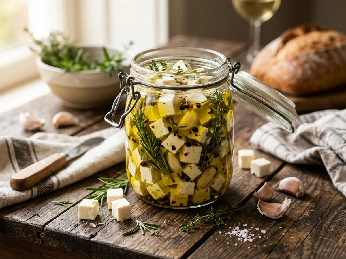 Frischkäsewürfel in Kräuter-Knoblauch-Öl in einem Weckglas